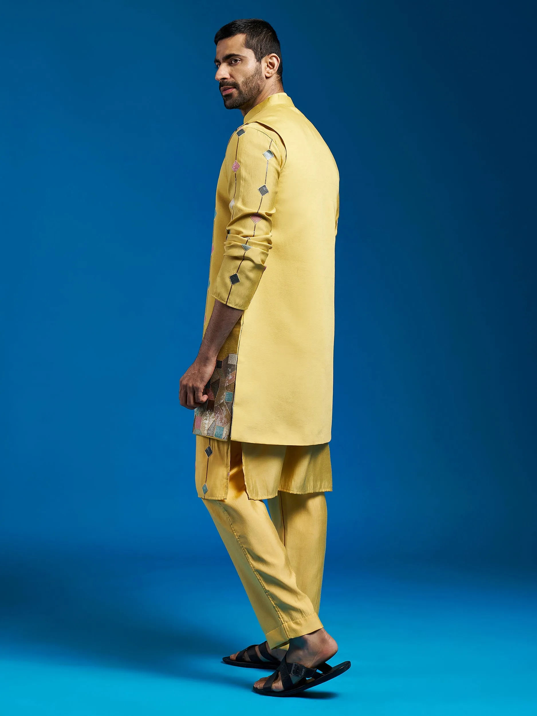 Jashvi Men's Mustard Silk Blend Jacket,Kurta And Pyjama Set.