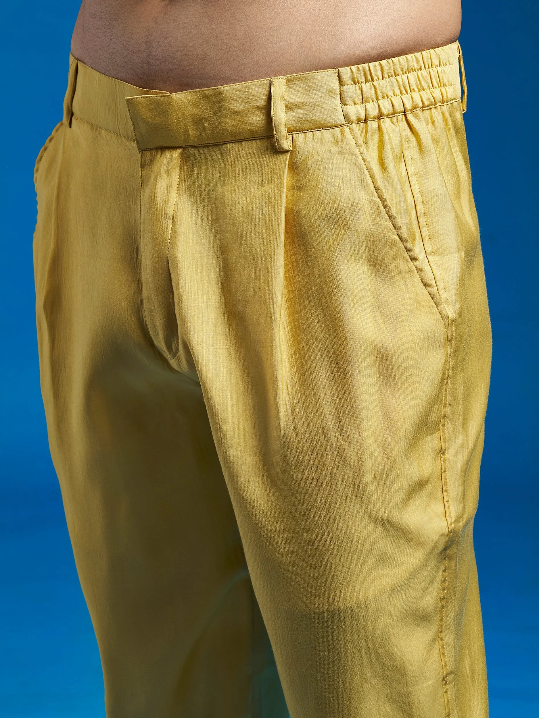 Jashvi Men's Mustard Silk Blend Jacket,Kurta And Pyjama Set.