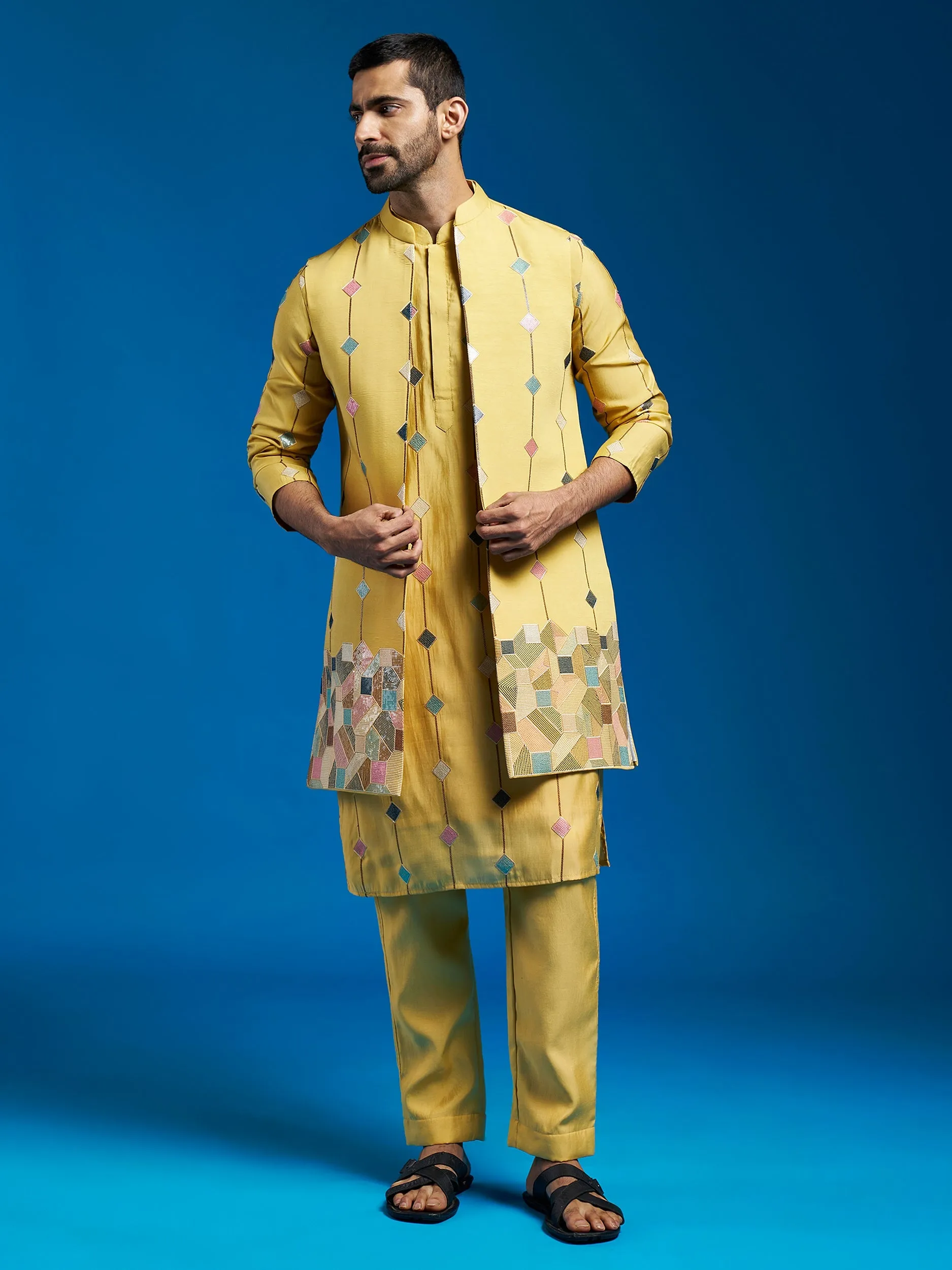 Jashvi Men's Mustard Silk Blend Jacket,Kurta And Pyjama Set.