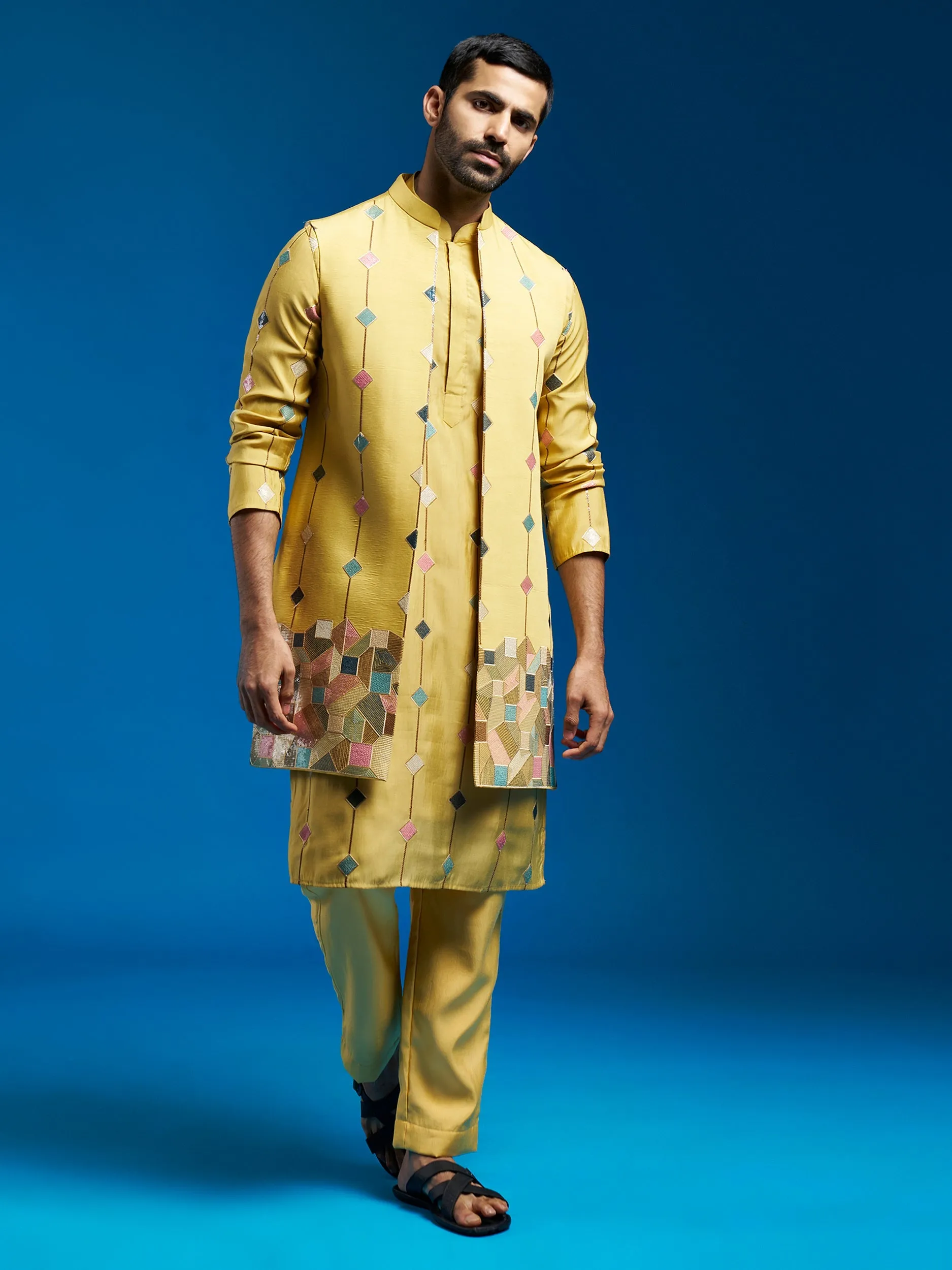Jashvi Men's Mustard Silk Blend Jacket,Kurta And Pyjama Set.