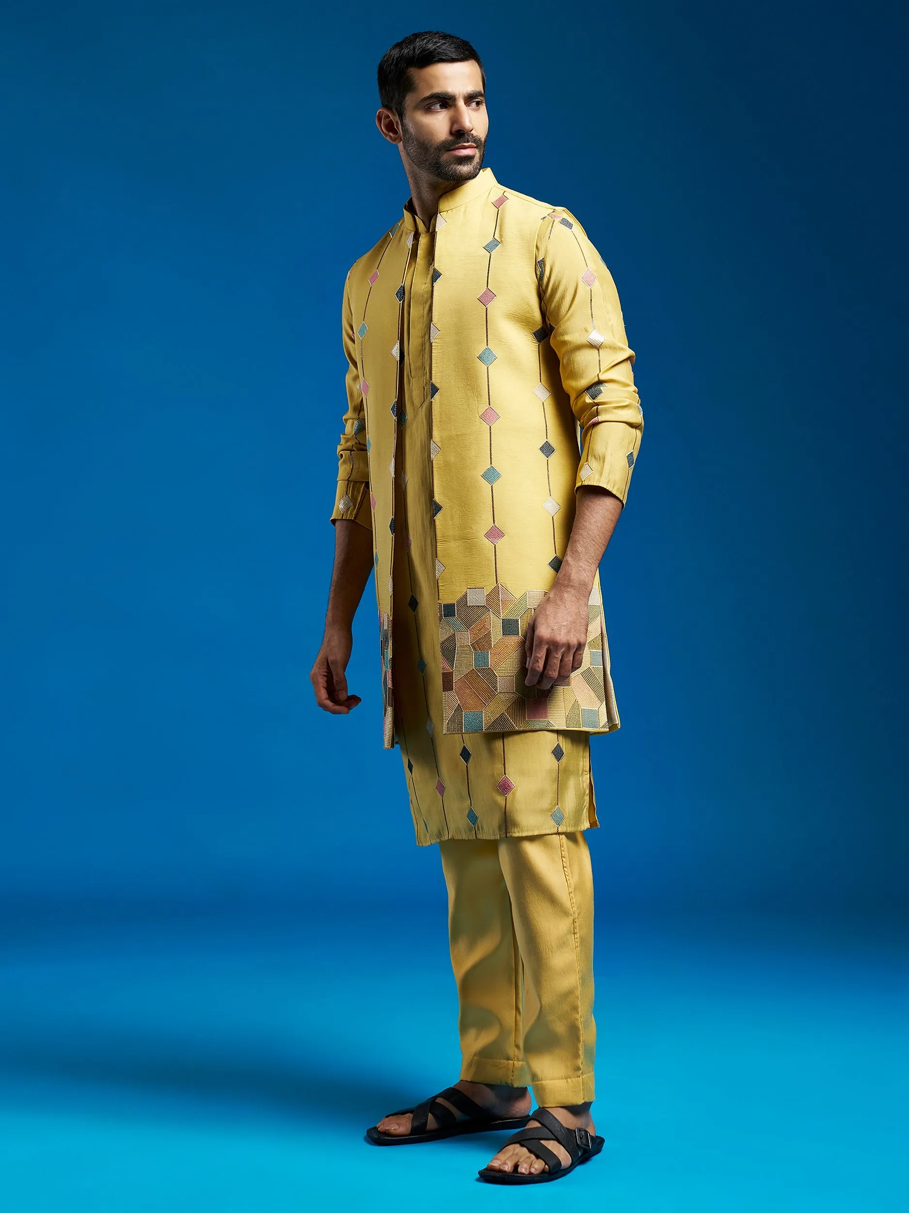 Jashvi Men's Mustard Silk Blend Jacket,Kurta And Pyjama Set.