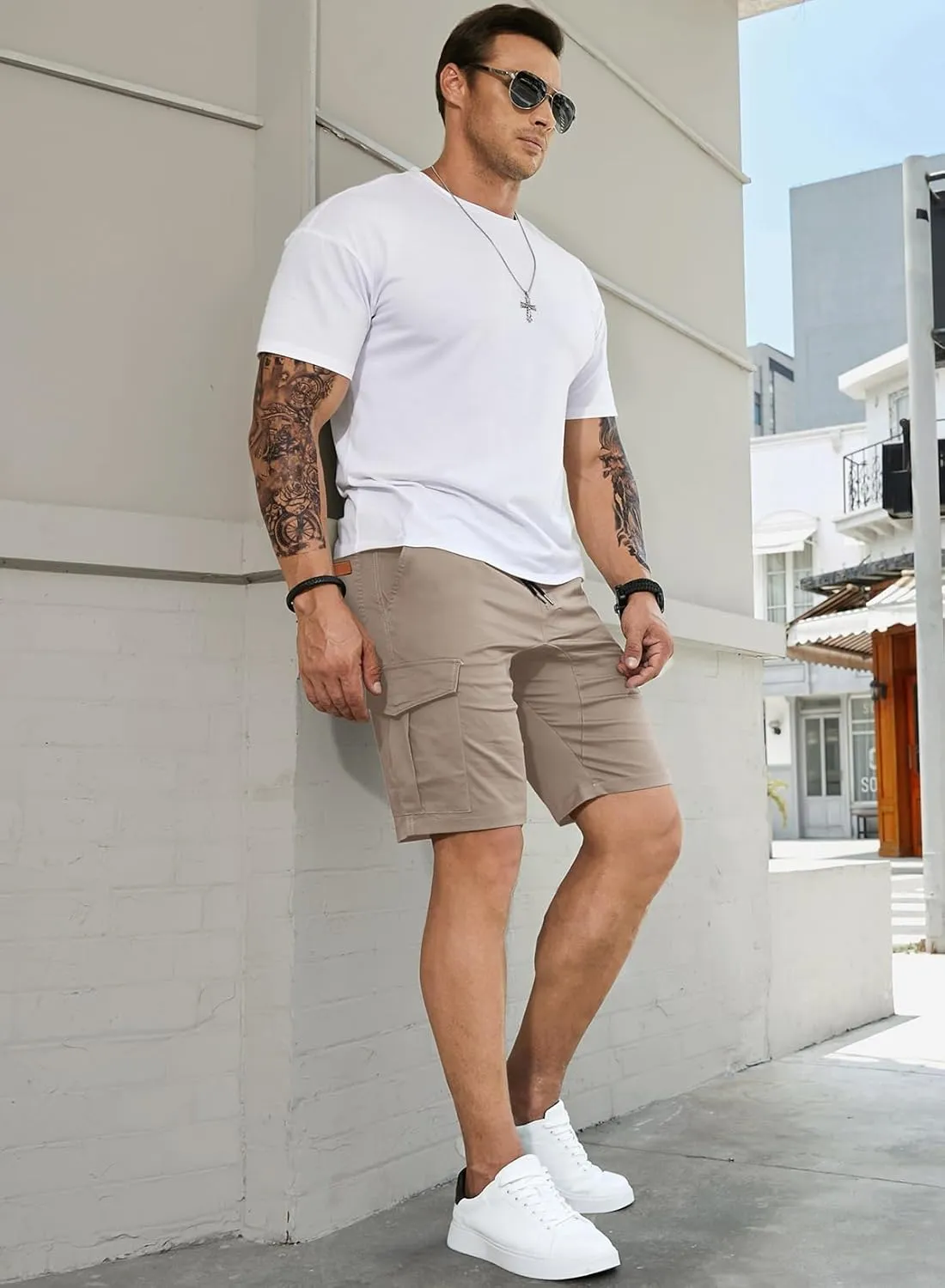 JMIERR Mens Casual Cargo Shorts - Cotton Drawstring Stretch Summer Beach Shorts Twill Chino Short with 6 Pockets