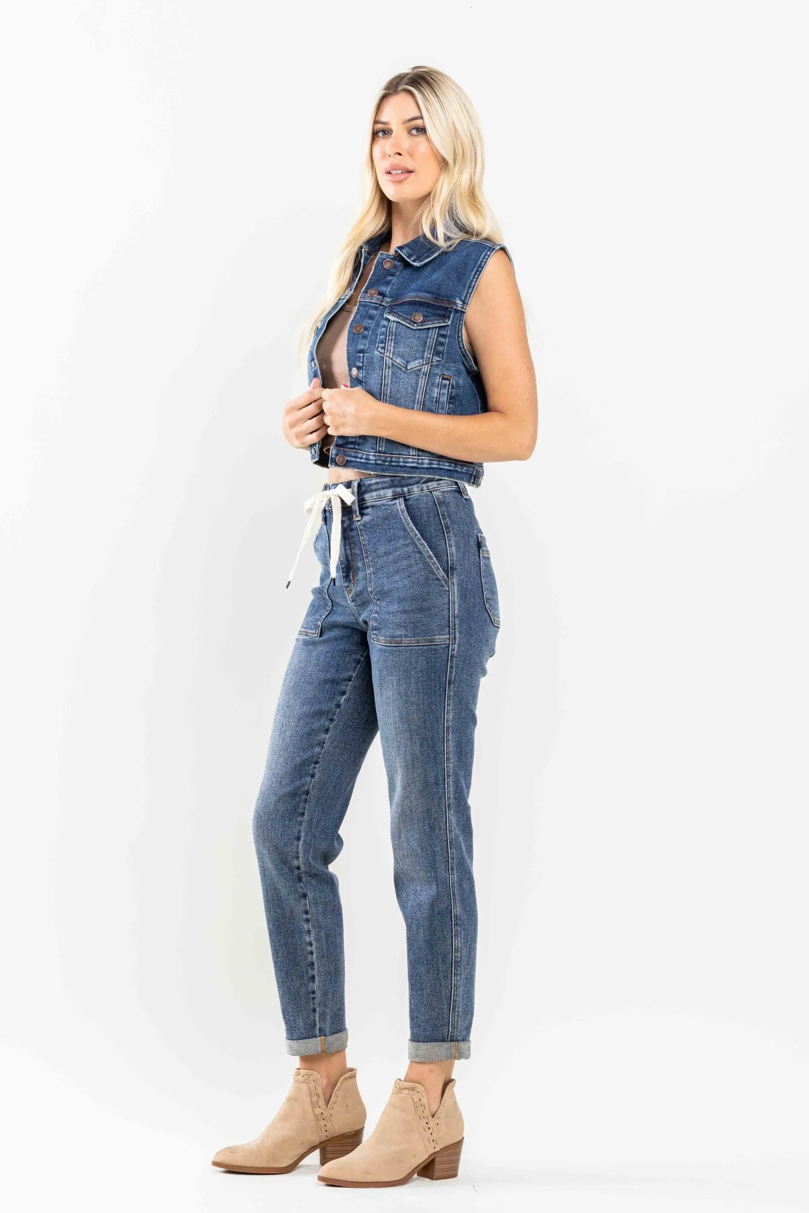 Judy Blue High Waist Elastic Drawstring Cuffed Jogger Denim 88779