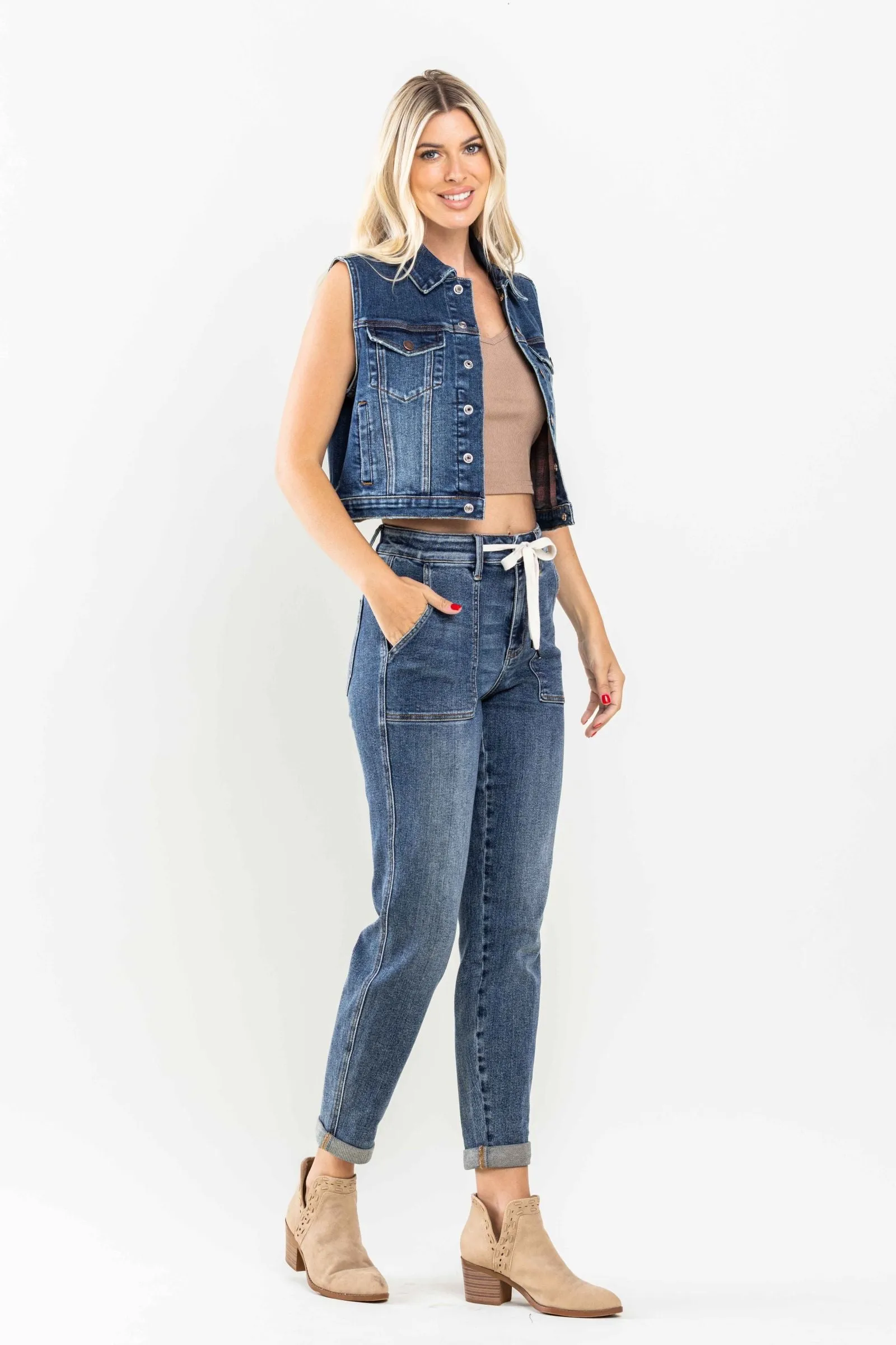 Judy Blue High Waist Elastic Drawstring Cuffed Jogger Denim 88779