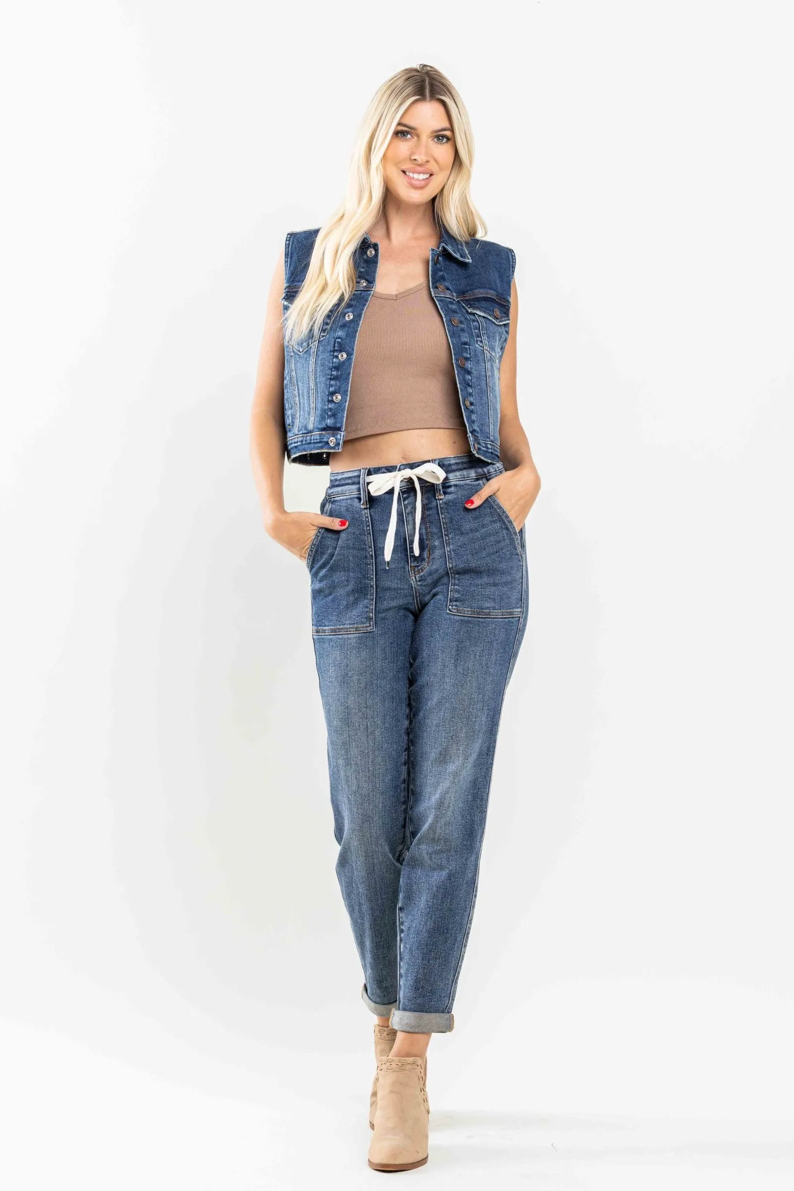 Judy Blue High Waist Elastic Drawstring Cuffed Jogger Denim 88779