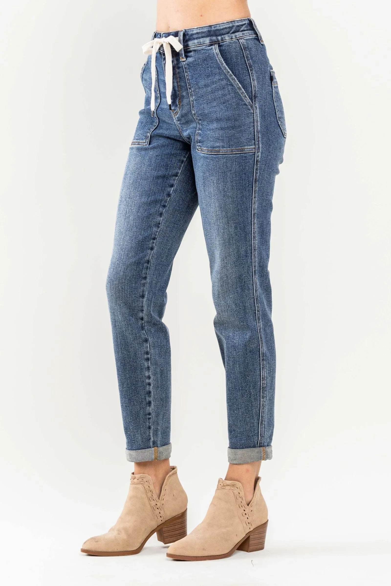 Judy Blue High Waist Elastic Drawstring Cuffed Jogger Denim 88779