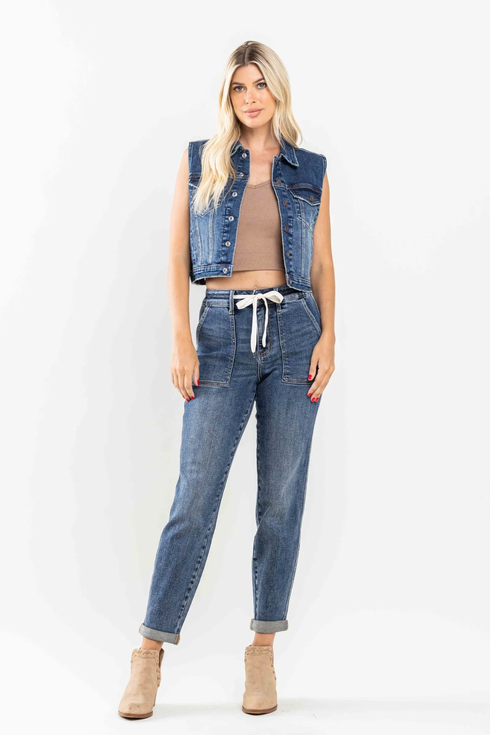 Judy Blue High Waist Elastic Drawstring Cuffed Jogger Denim 88779