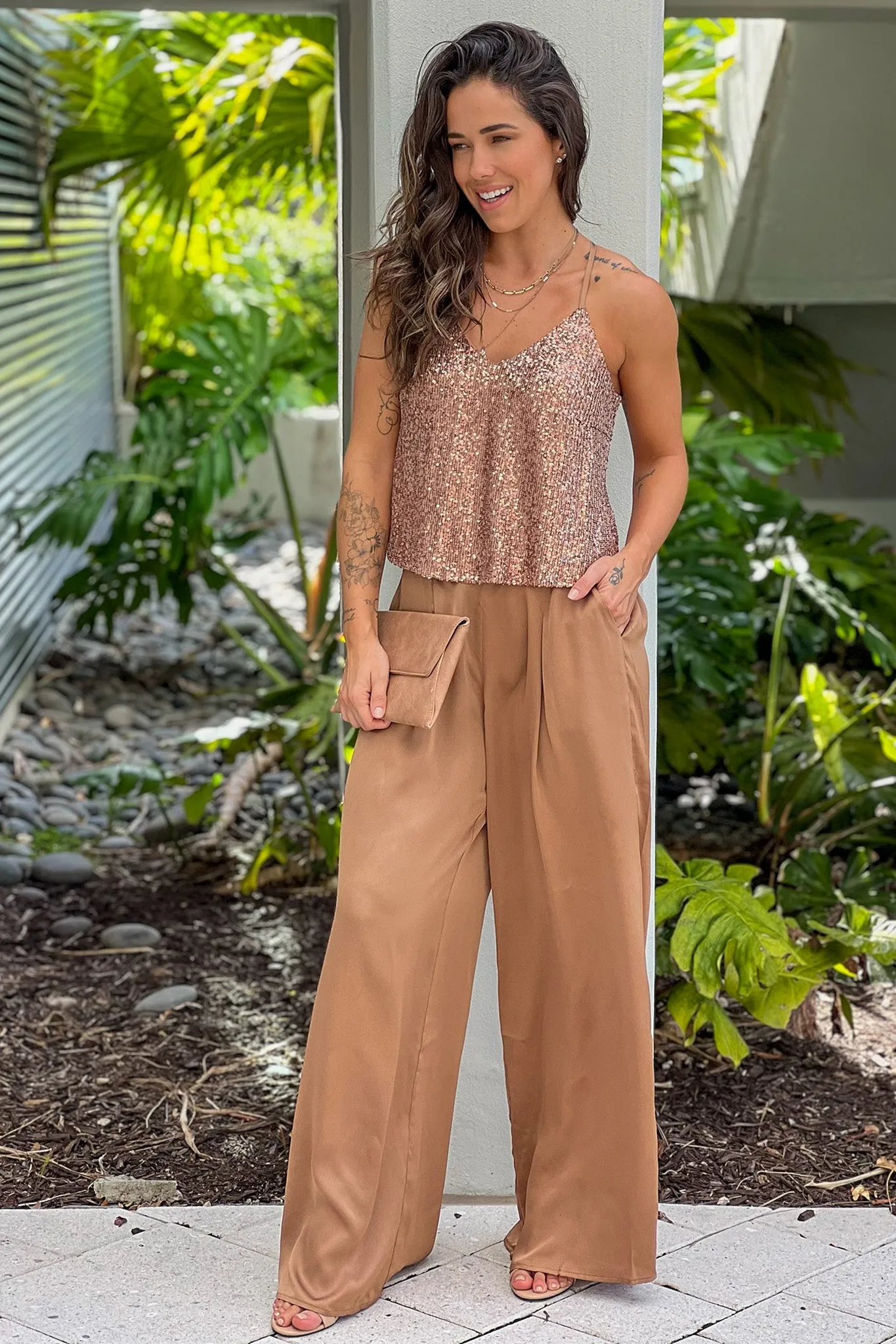 Latte Sequin Top And Satin Pants Set