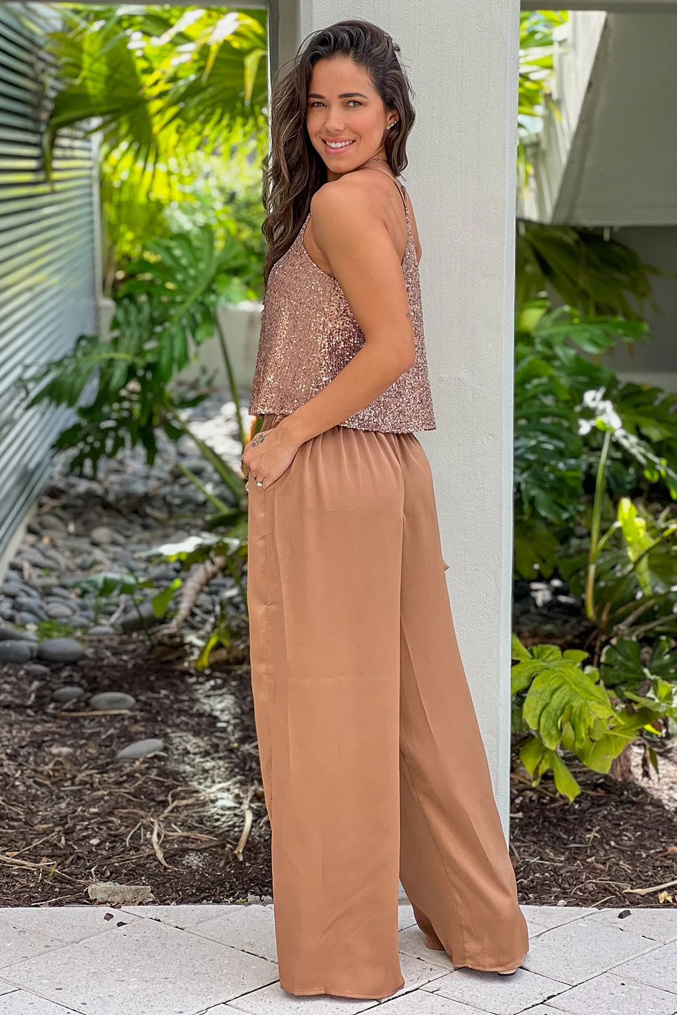 Latte Sequin Top And Satin Pants Set