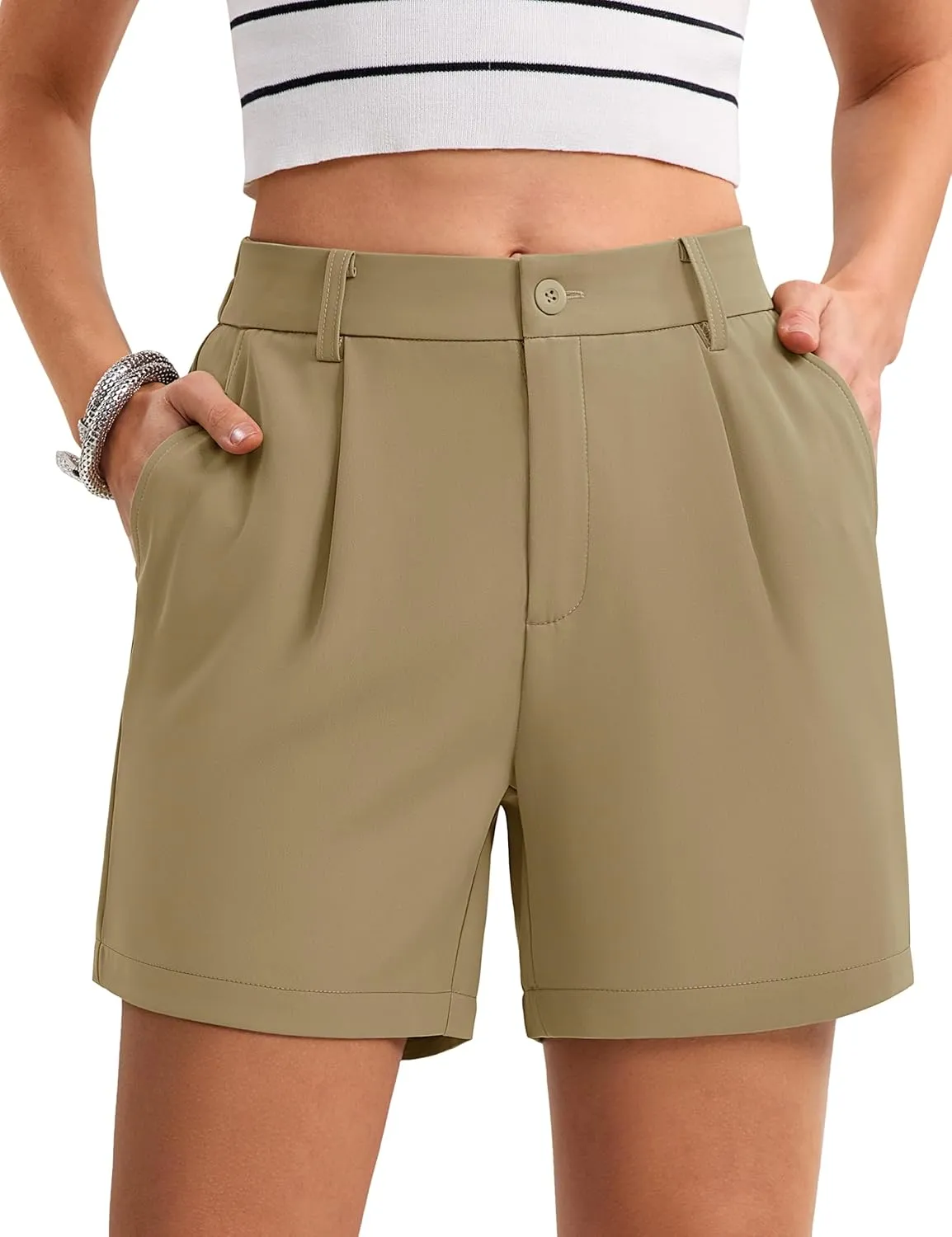 MAGCOMSEN Shorts for Women Dressy Casual Summer Pleated Tailored Back Elastic Waist Trouser Shorts with Pockets