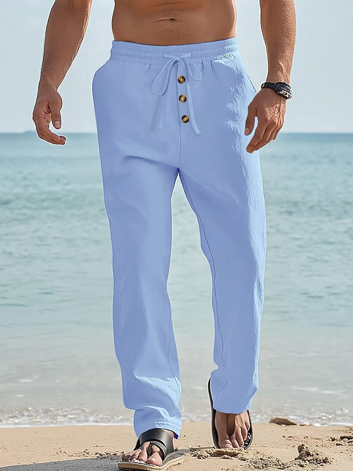 Mens Cotton Linen Pants Casual Summer Vacation Baggy Beach Pants Buttoned Drawstring Yoga Trousers with Pockets