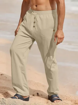 Mens Cotton Linen Pants Casual Summer Vacation Baggy Beach Pants Buttoned Drawstring Yoga Trousers with Pockets