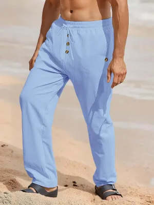 Mens Cotton Linen Pants Casual Summer Vacation Baggy Beach Pants Buttoned Drawstring Yoga Trousers with Pockets