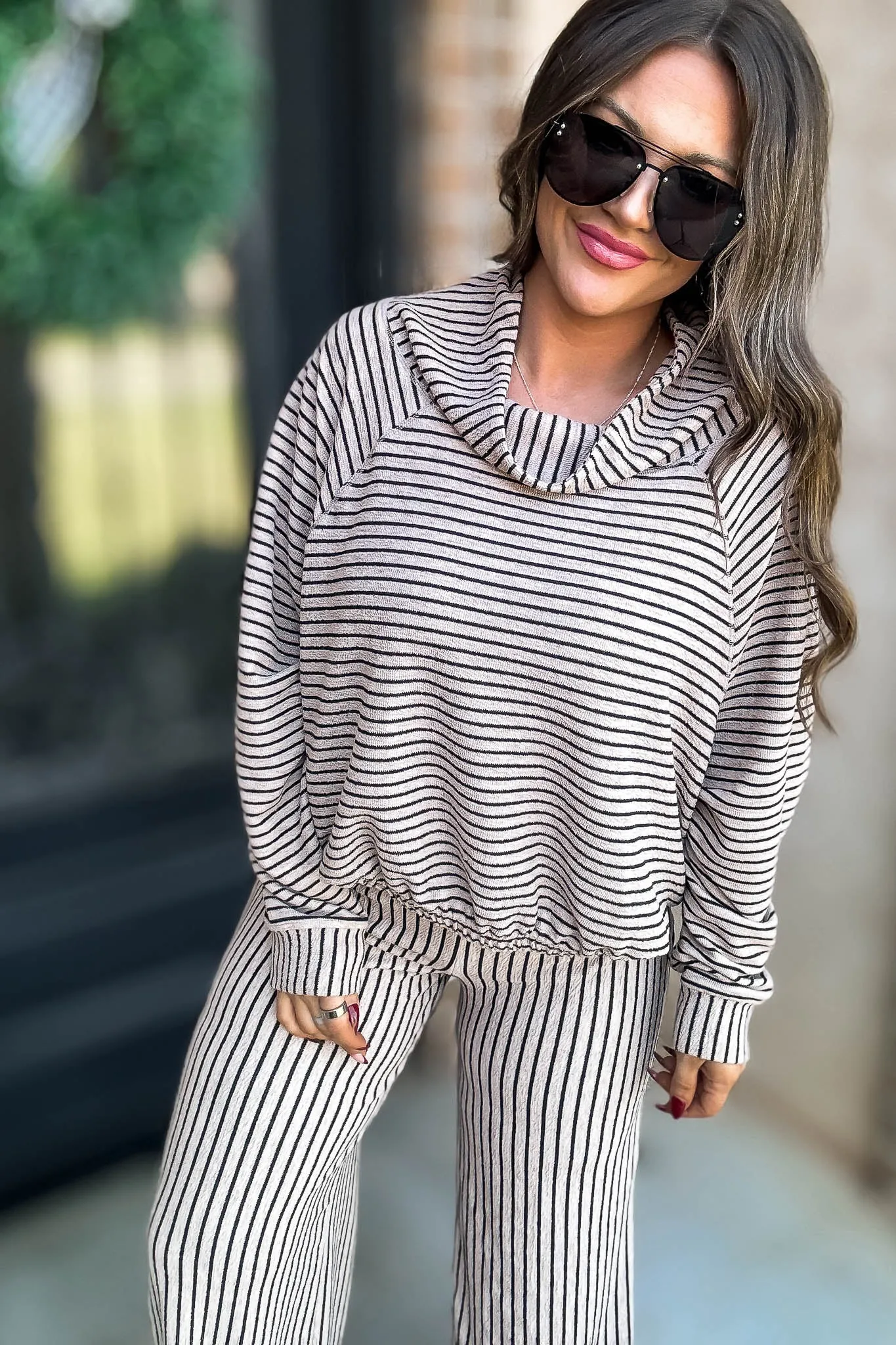 Mocha Stripe Print Cowl Neck Top