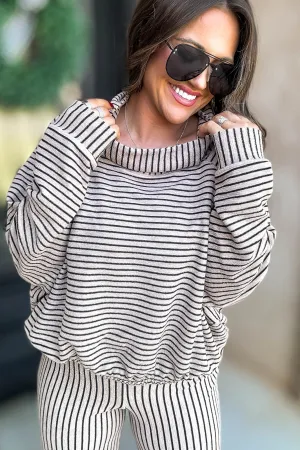 Mocha Stripe Print Cowl Neck Top