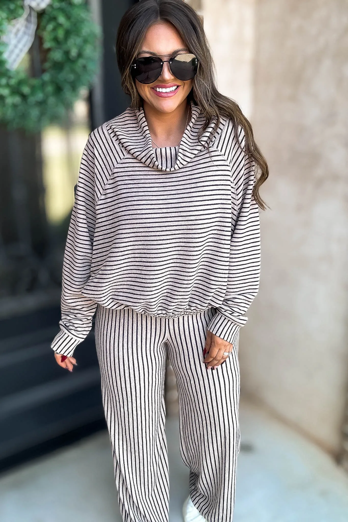Mocha Stripe Print Cowl Neck Top