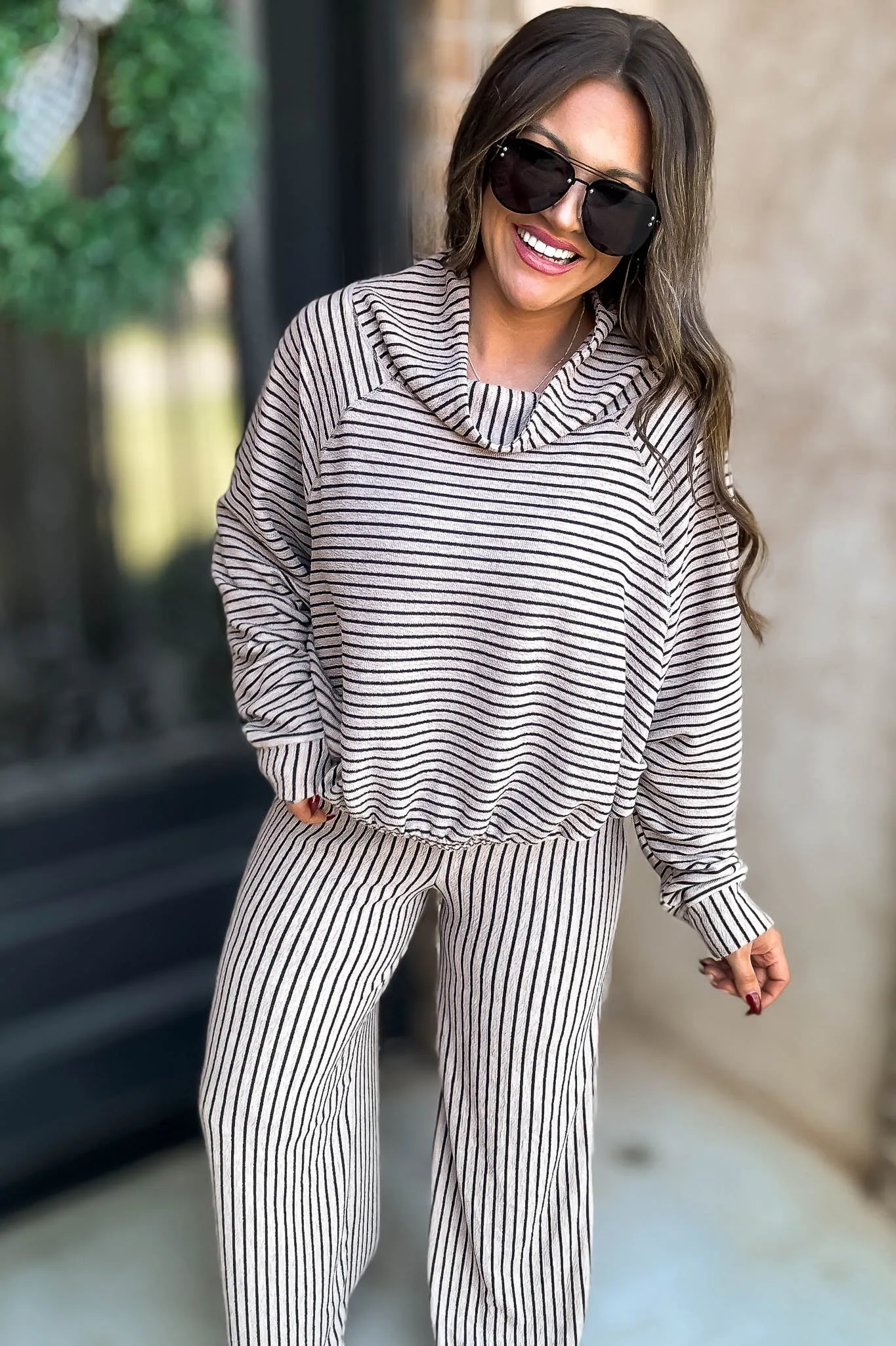Mocha Stripe Print Cowl Neck Top