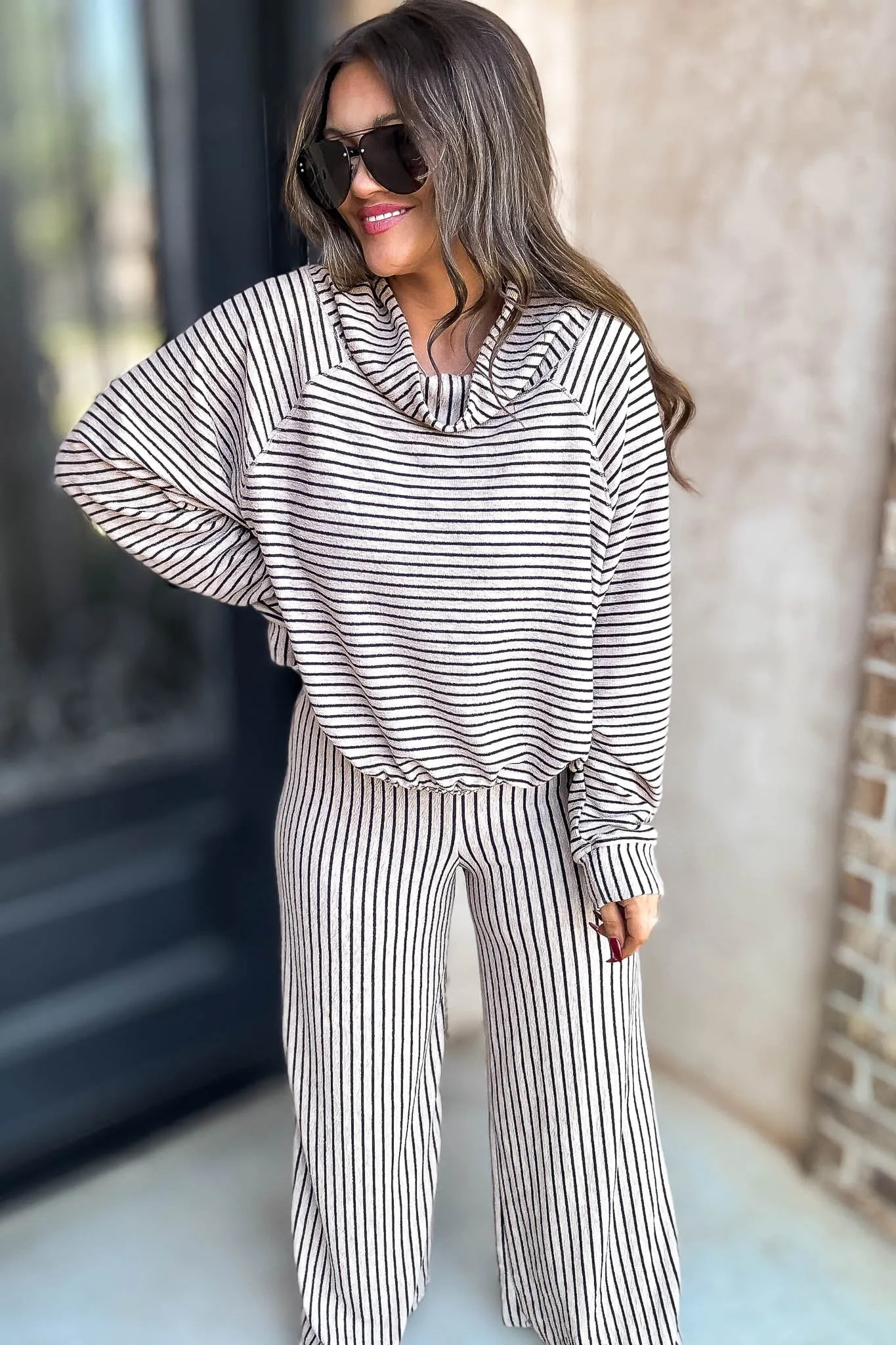 Mocha Stripe Print Cowl Neck Top
