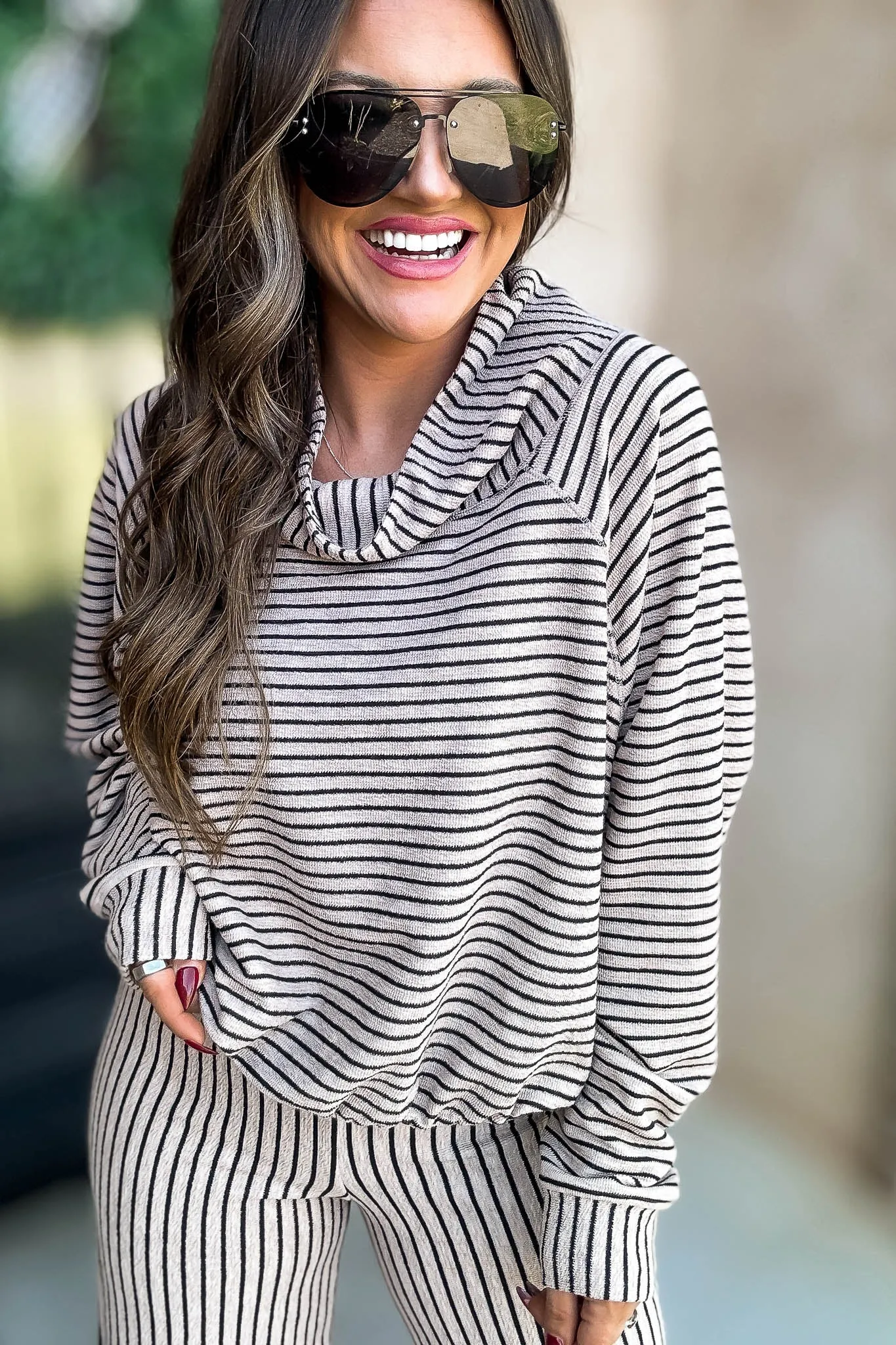 Mocha Stripe Print Cowl Neck Top