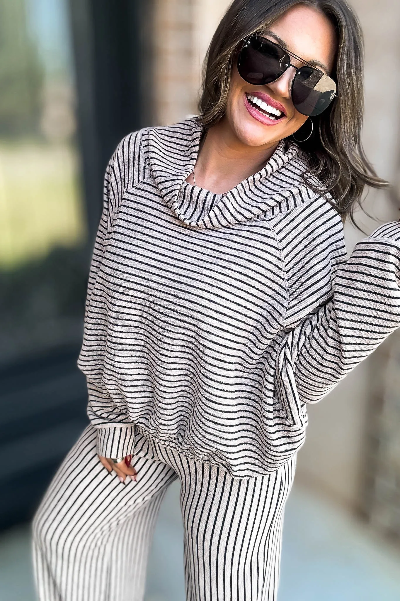 Mocha Stripe Print Cowl Neck Top