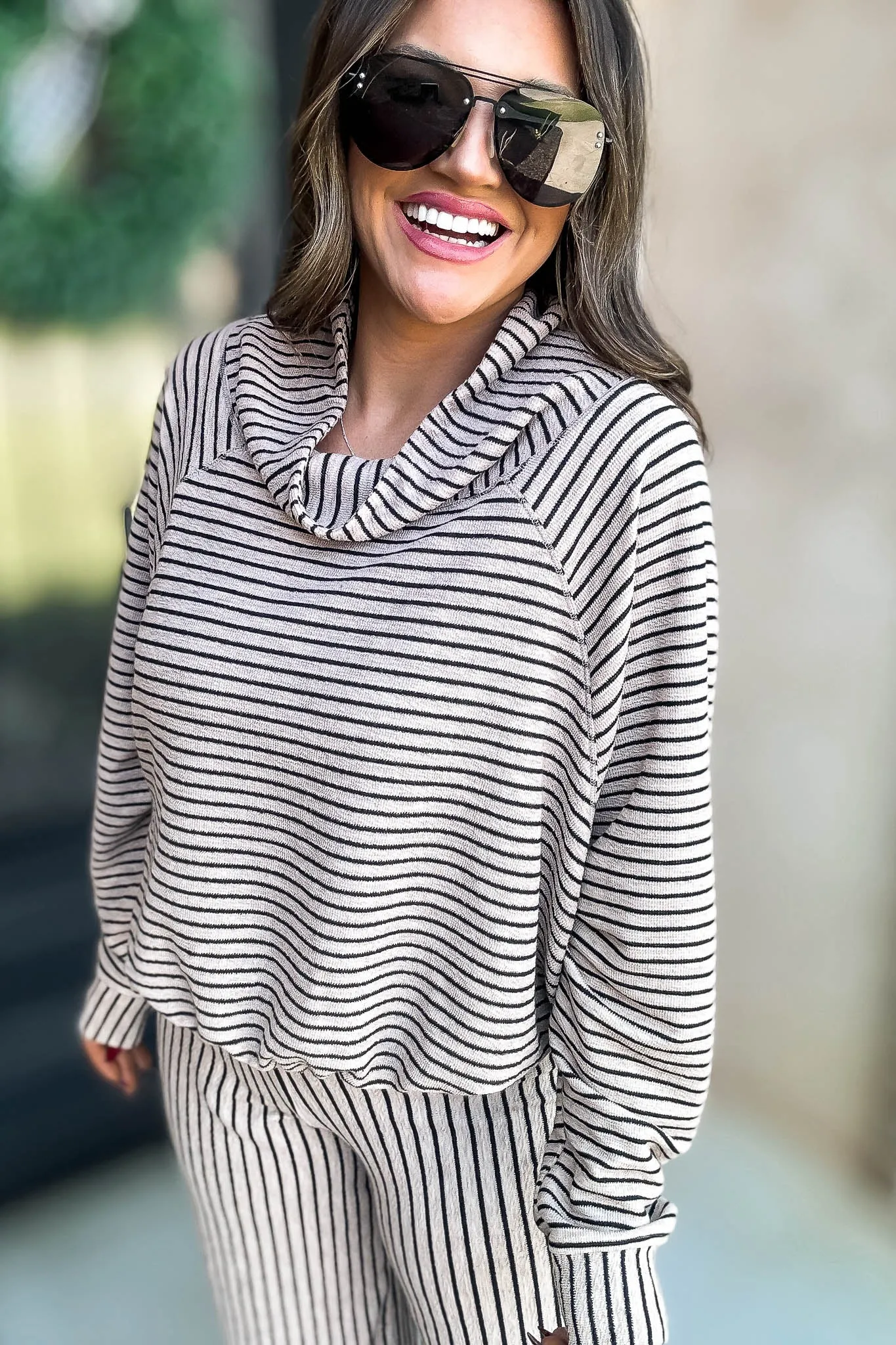 Mocha Stripe Print Cowl Neck Top