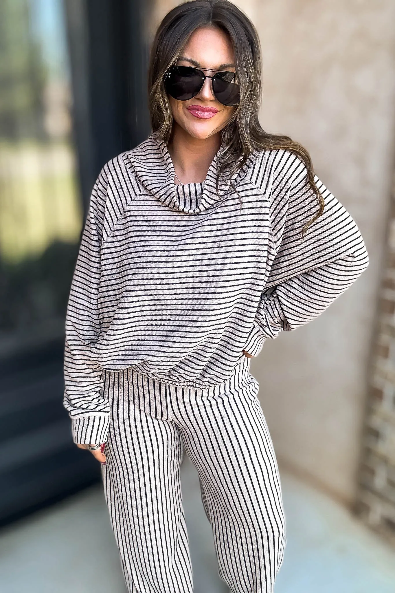 Mocha Stripe Print Cowl Neck Top