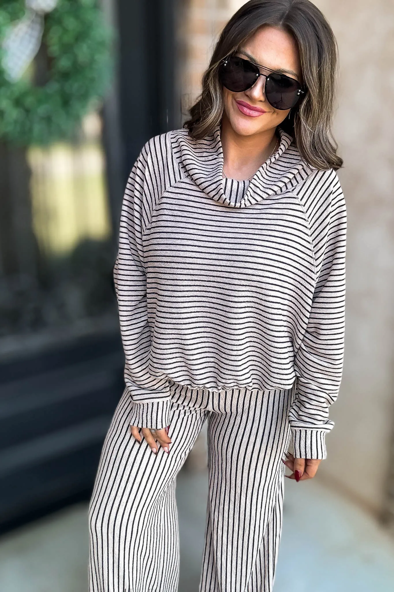 Mocha Stripe Print Cowl Neck Top