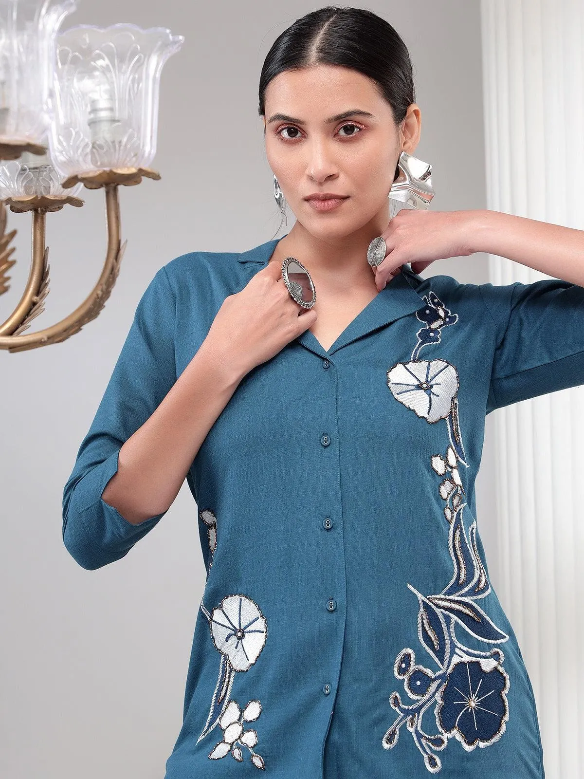 Noor Teal Blue Embroidered Co-ord Set