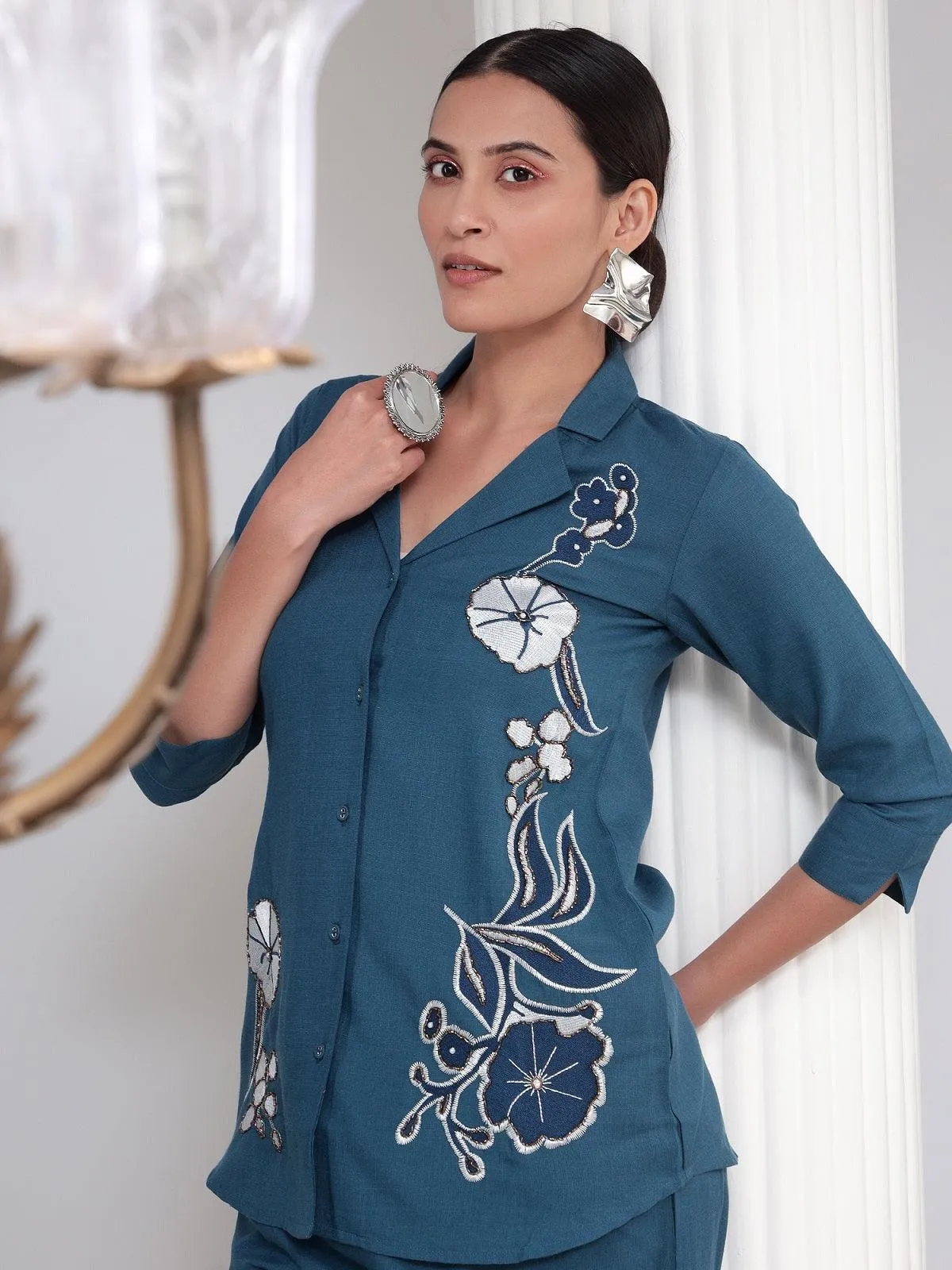 Noor Teal Blue Embroidered Co-ord Set