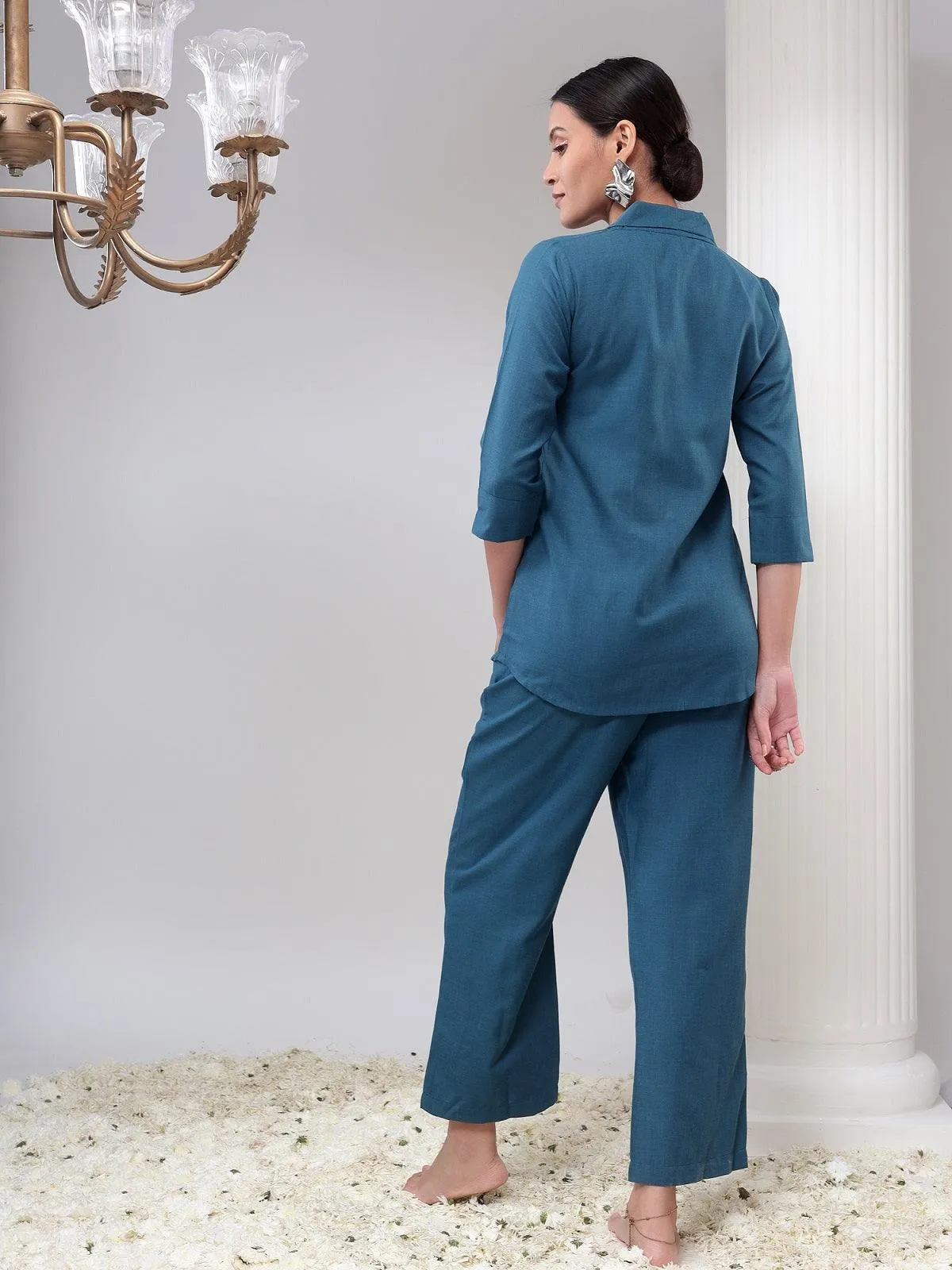 Noor Teal Blue Embroidered Co-ord Set