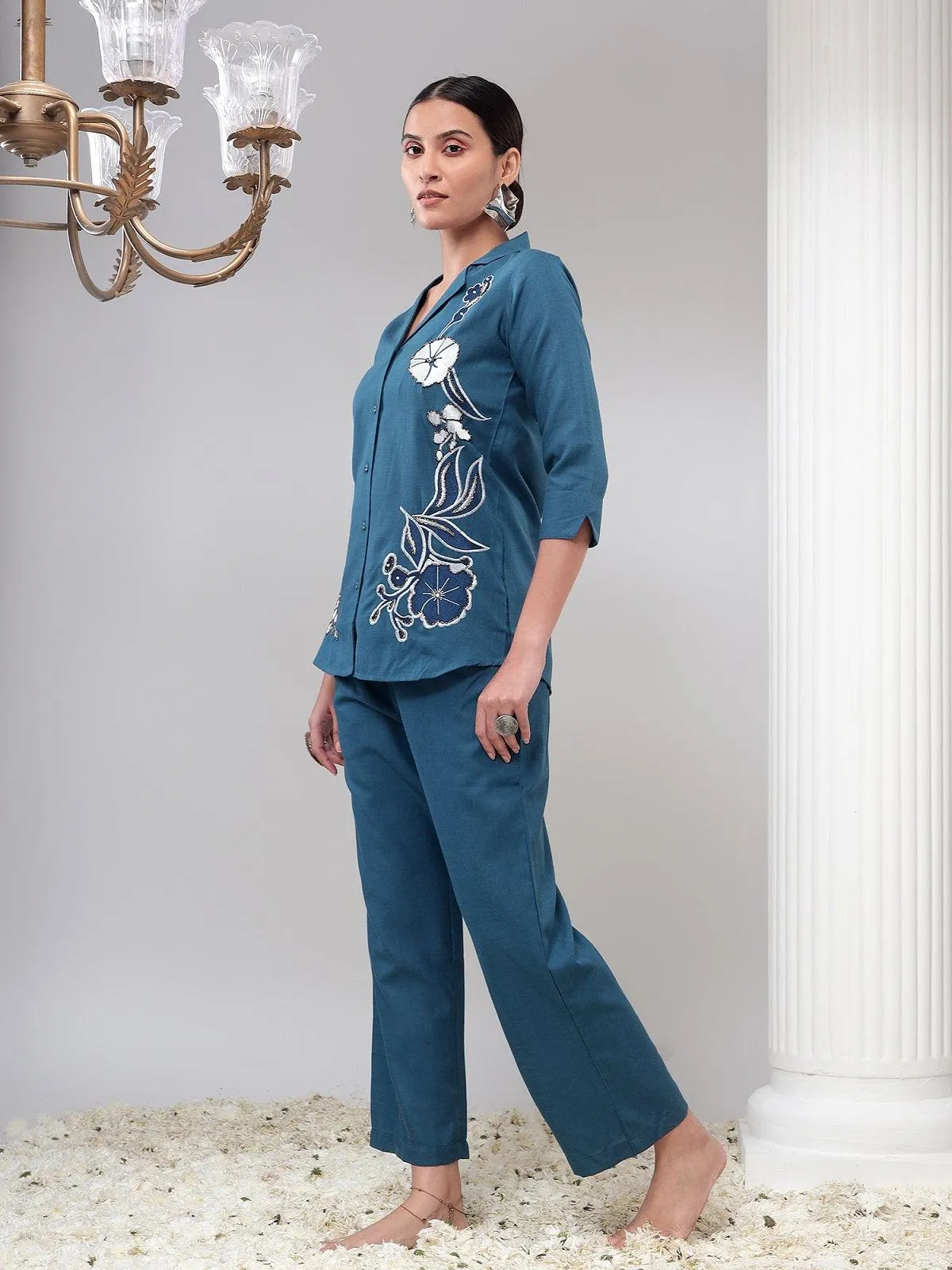 Noor Teal Blue Embroidered Co-ord Set