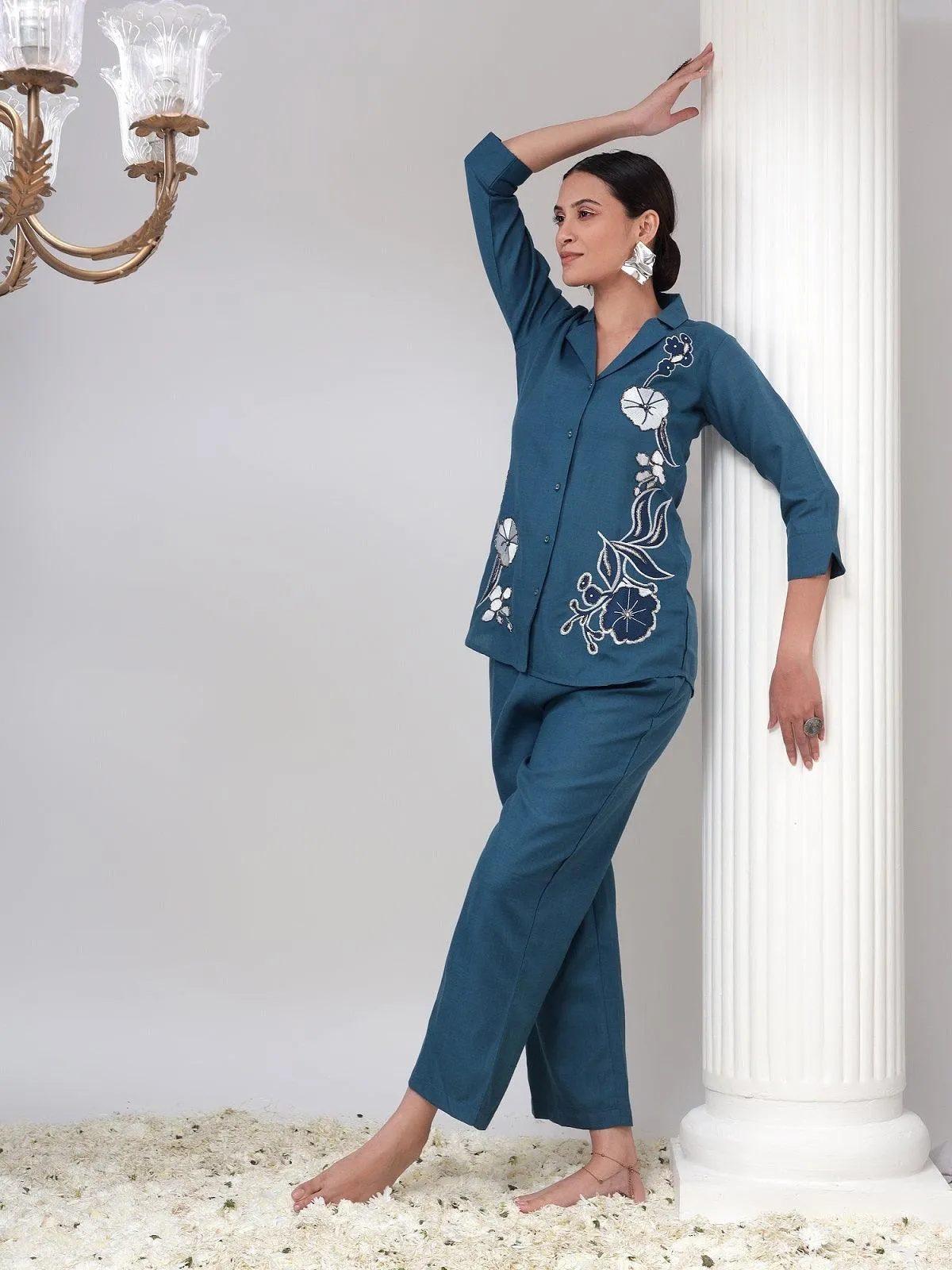Noor Teal Blue Embroidered Co-ord Set