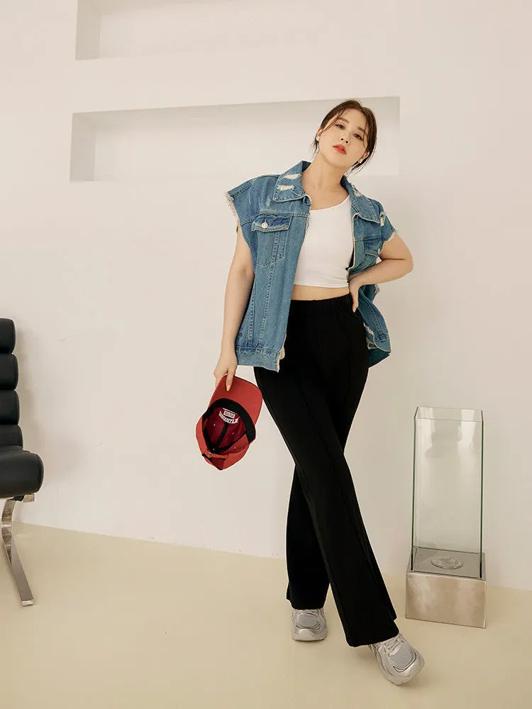 Ob Design Women Casual Elastic Waist Slim Wide Leg Long Pants Trousers Plus Size