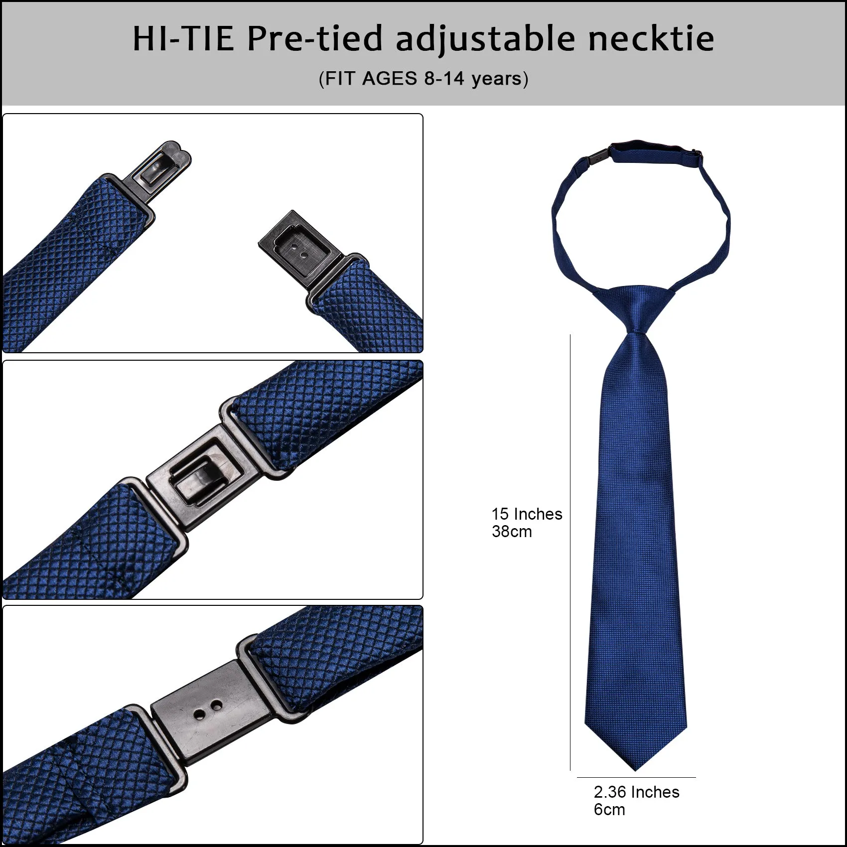Royal Blue Plaid Boys Pre-tied Adjustable Tie Pocket Square