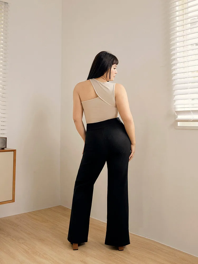 Slimming Fit Black Elastic Long Wide Leg Pants Trousers