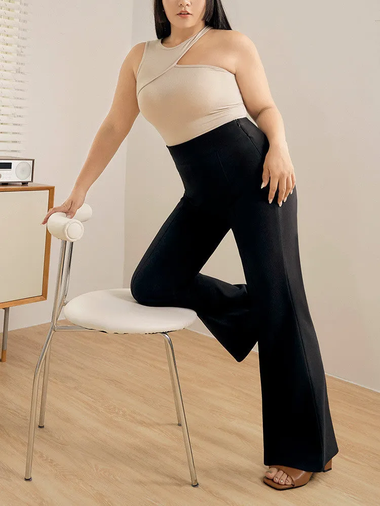 Slimming Fit Black Elastic Long Wide Leg Pants Trousers