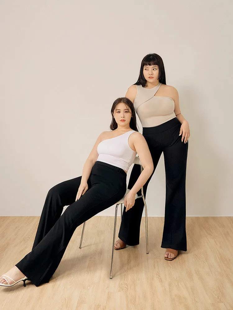 Slimming Fit Black Elastic Long Wide Leg Pants Trousers
