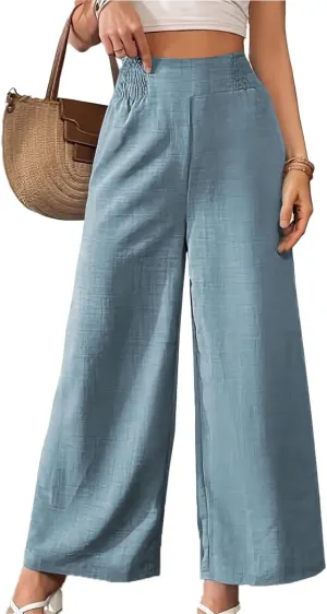 TOPSRANI Women Casual Palazzo Pants Boho Wide Leg Trousers High Elastic Waist Summer Loose Lounge Beach Travel Vacation