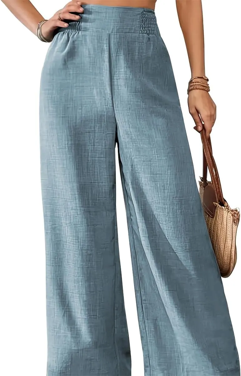 TOPSRANI Women Casual Palazzo Pants Boho Wide Leg Trousers High Elastic Waist Summer Loose Lounge Beach Travel Vacation