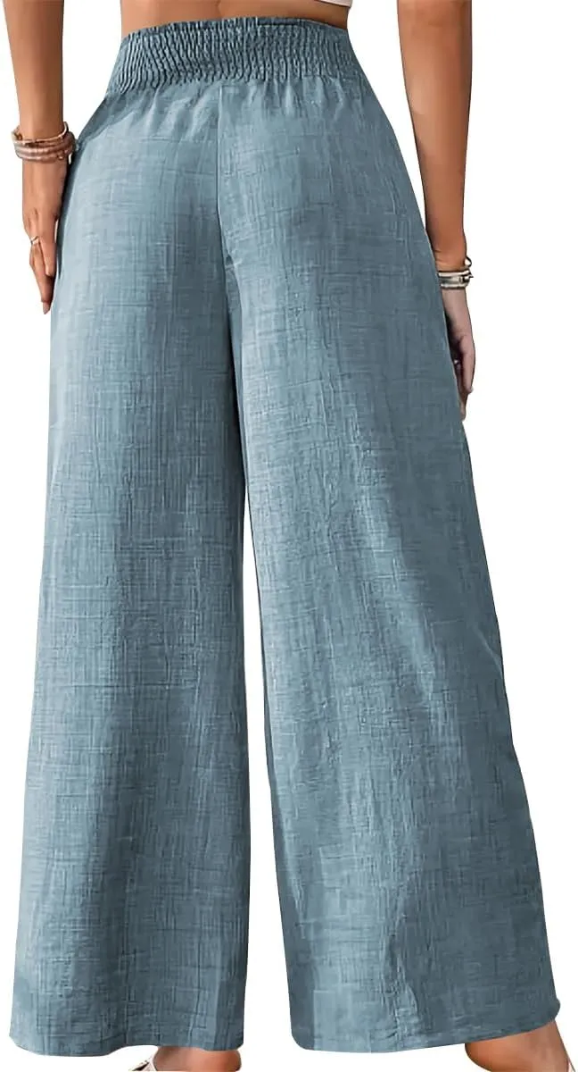 TOPSRANI Women Casual Palazzo Pants Boho Wide Leg Trousers High Elastic Waist Summer Loose Lounge Beach Travel Vacation