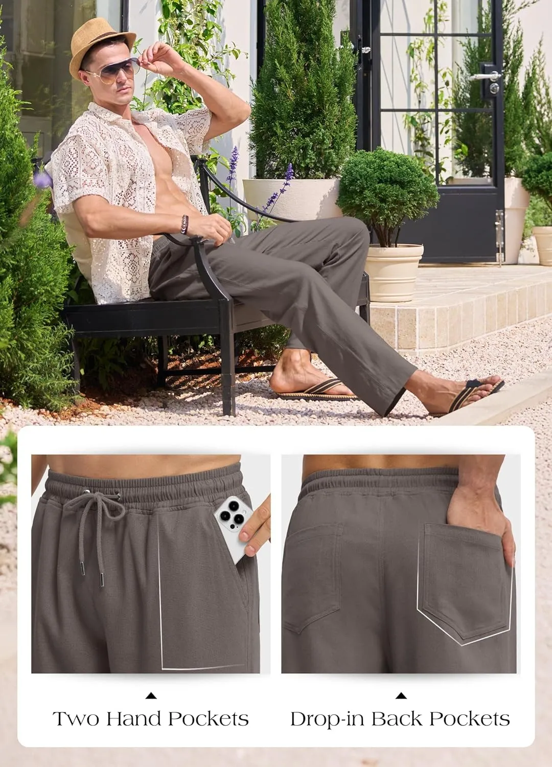 Willit Men's Linen Pants Casual Beach Summer Pants Drawstring Lightweight Yoga Linen Trousers 28" 30"
