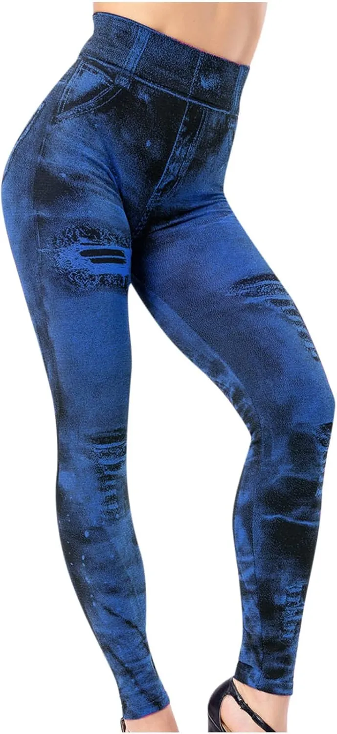 Women Denim Print Leggings Fake Jeans Seamless Full Length Tights High Waist Jeggings Workout Sport Yoga Pants