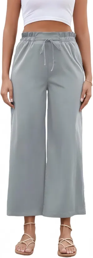 Women's Casual High Waisted Pants Self-tie Belted Lounge Pants Straight Long Trousers with Pockets