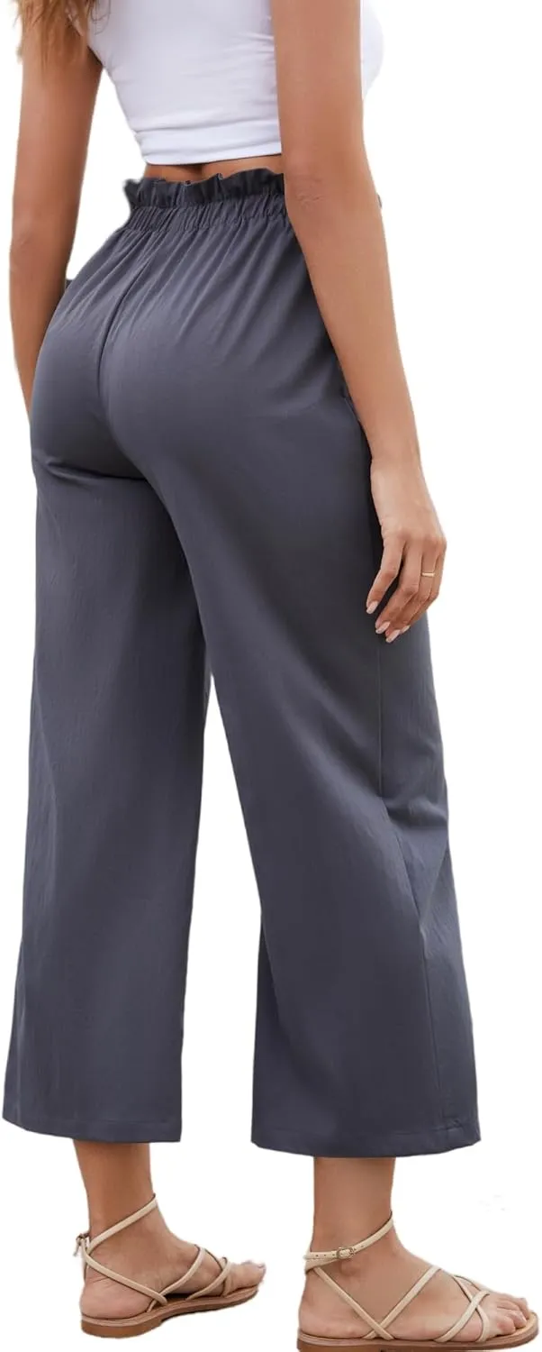 Women's Casual High Waisted Pants Self-tie Belted Lounge Pants Straight Long Trousers with Pockets