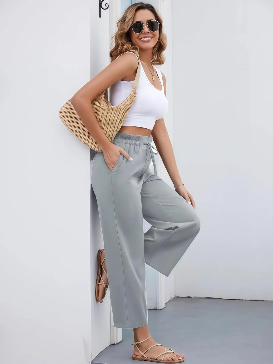 Women's Casual High Waisted Pants Self-tie Belted Lounge Pants Straight Long Trousers with Pockets