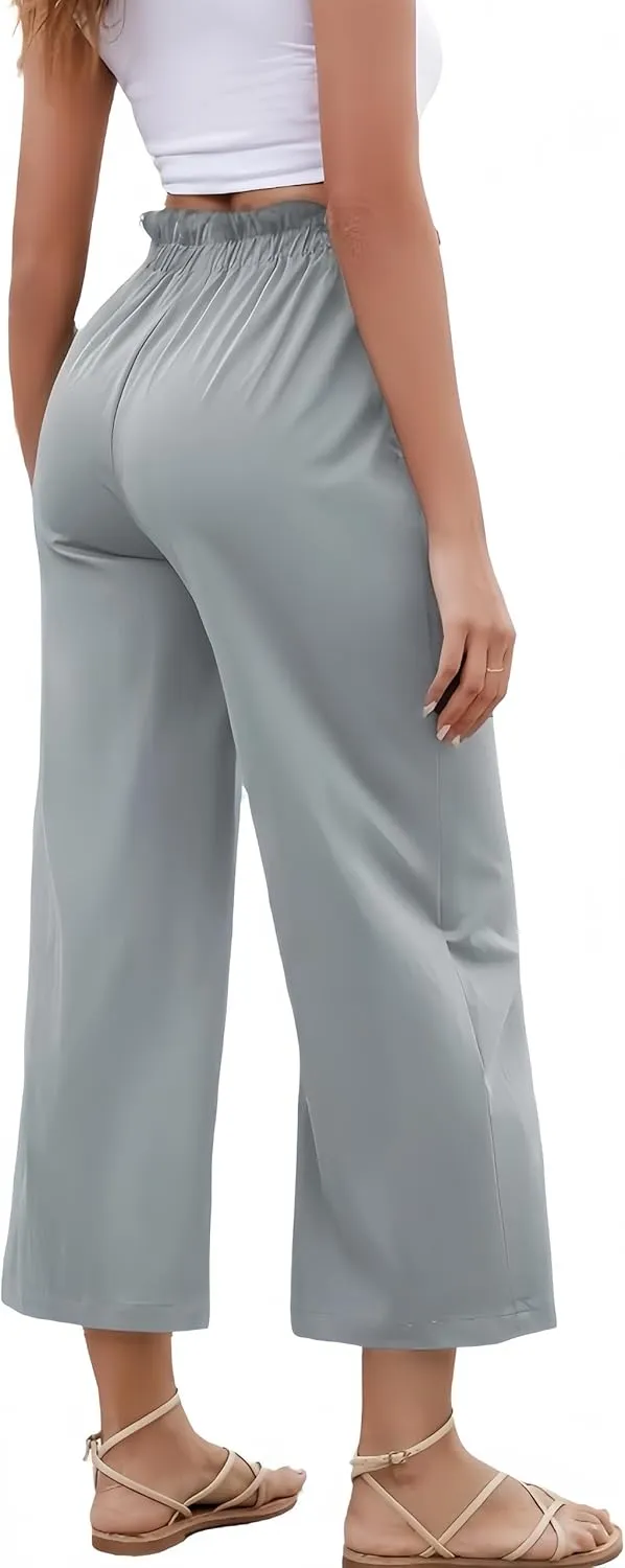 Women's Casual High Waisted Pants Self-tie Belted Lounge Pants Straight Long Trousers with Pockets