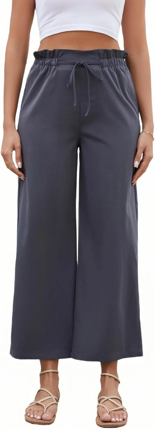 Women's Casual High Waisted Pants Self-tie Belted Lounge Pants Straight Long Trousers with Pockets