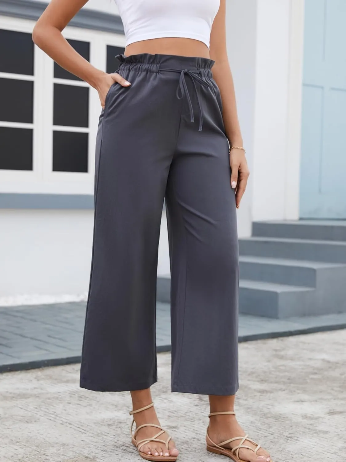 Women's Casual High Waisted Pants Self-tie Belted Lounge Pants Straight Long Trousers with Pockets