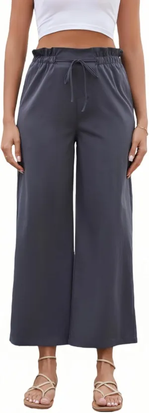 Women's Casual High Waisted Pants Self-tie Belted Lounge Pants Straight Long Trousers with Pockets