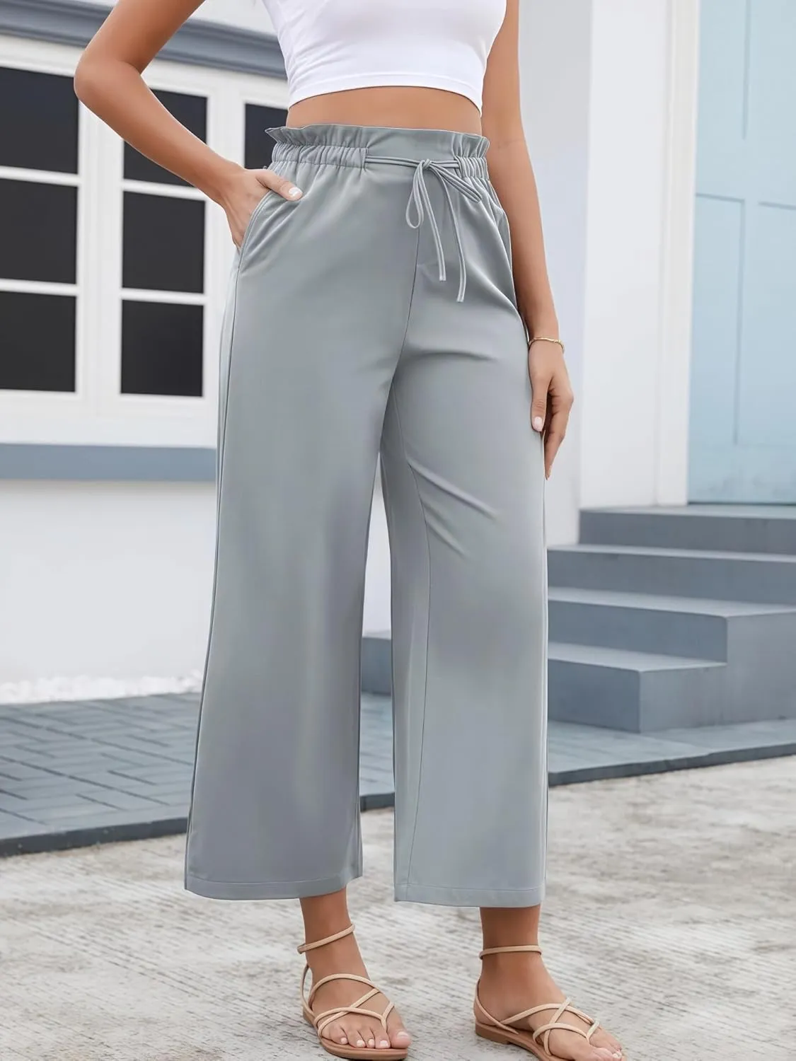 Women's Casual High Waisted Pants Self-tie Belted Lounge Pants Straight Long Trousers with Pockets